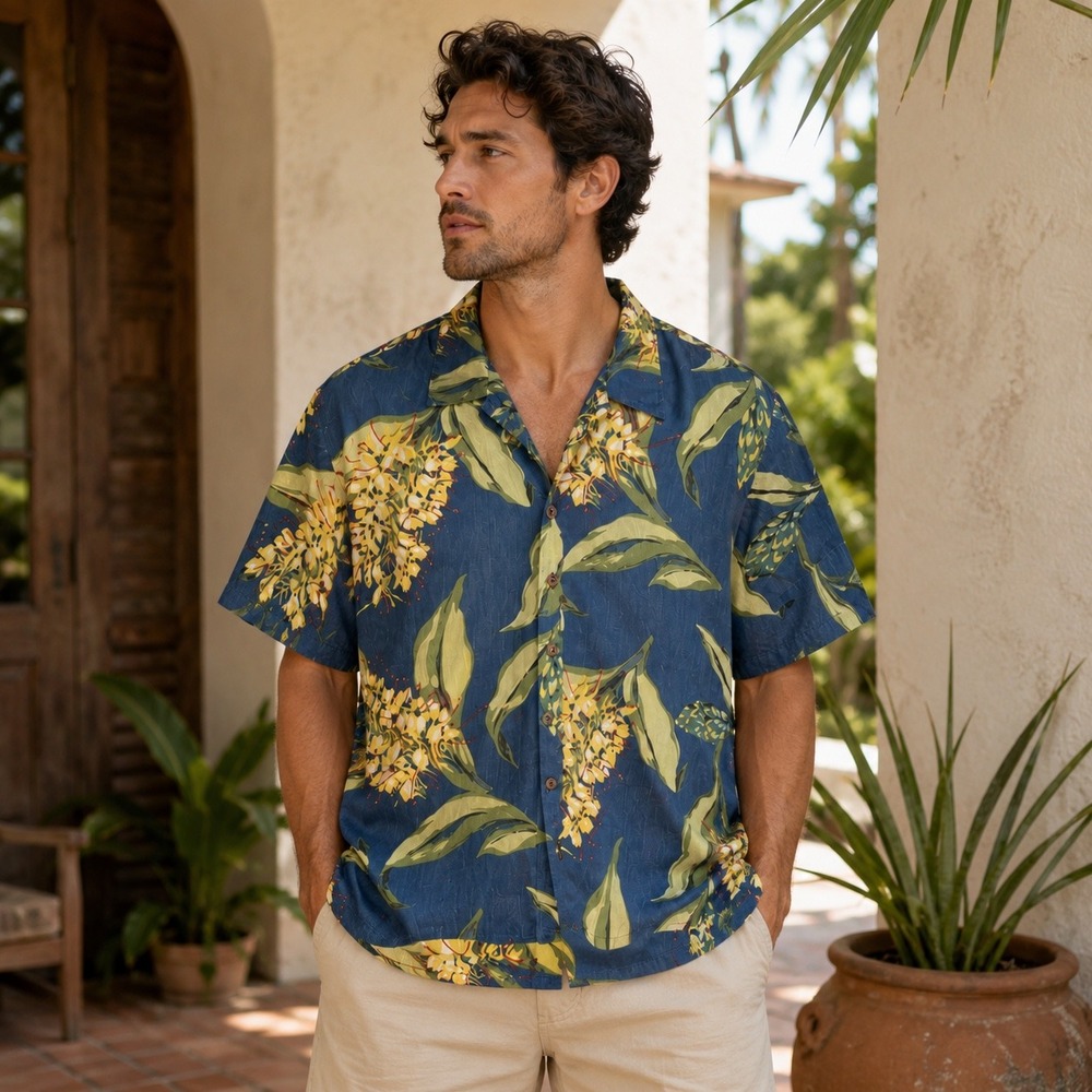 Reyn Spooner Hawaiian Shirt Mens Large Blue Yellow Pineapple Spooner Vintage